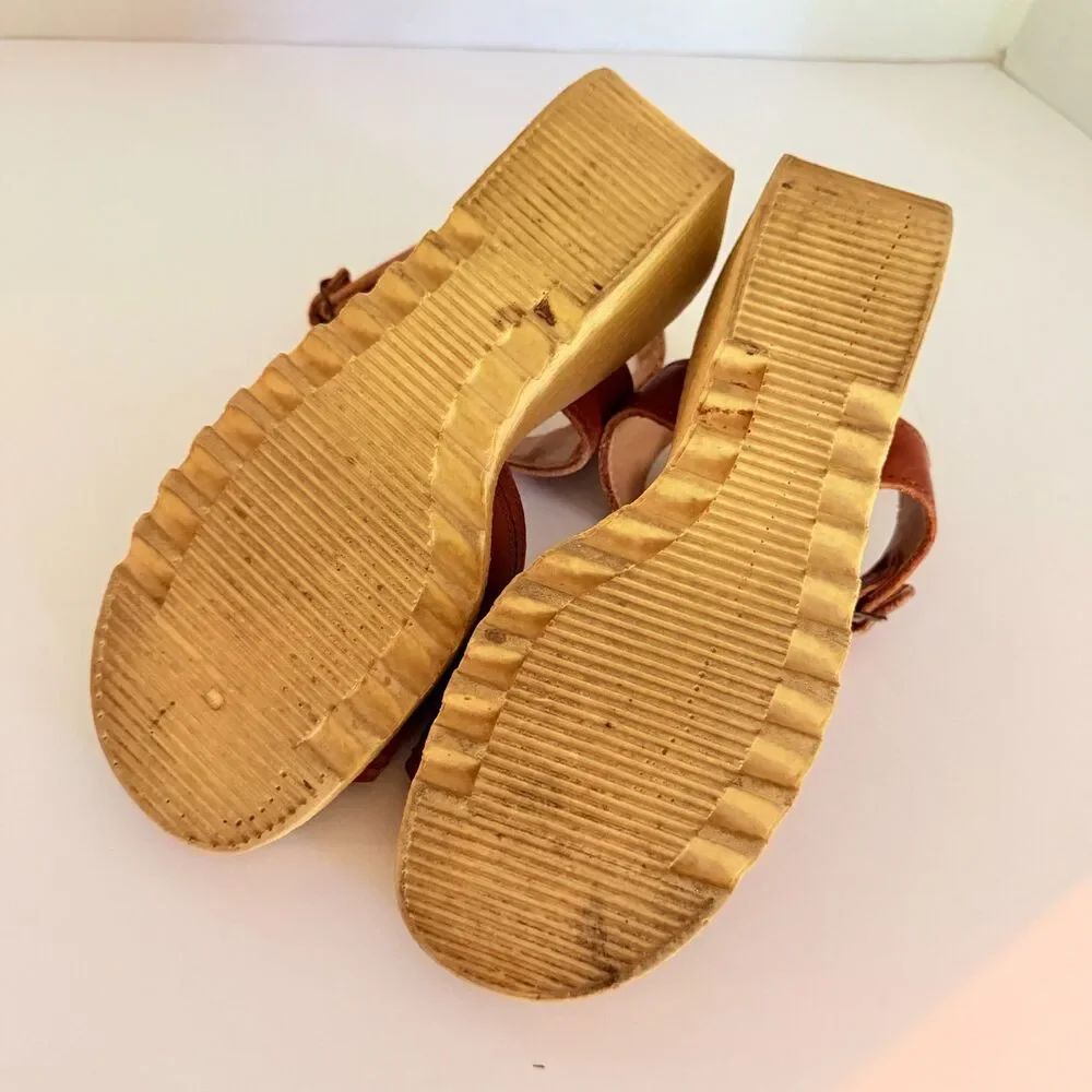 Morgan Quinn VTG 70s Platform Brown Leather Wedge Sandals 8.5 Ankle Strap Buckle - Picture 6 of 9